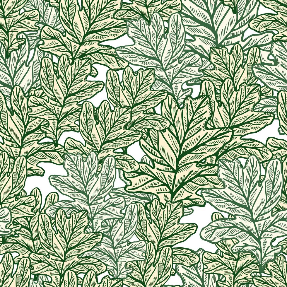 folhas de carvalho gravado padrão sem emenda. fundo retrô botânico com folhagem de floresta na mão desenhada estilo. vetor