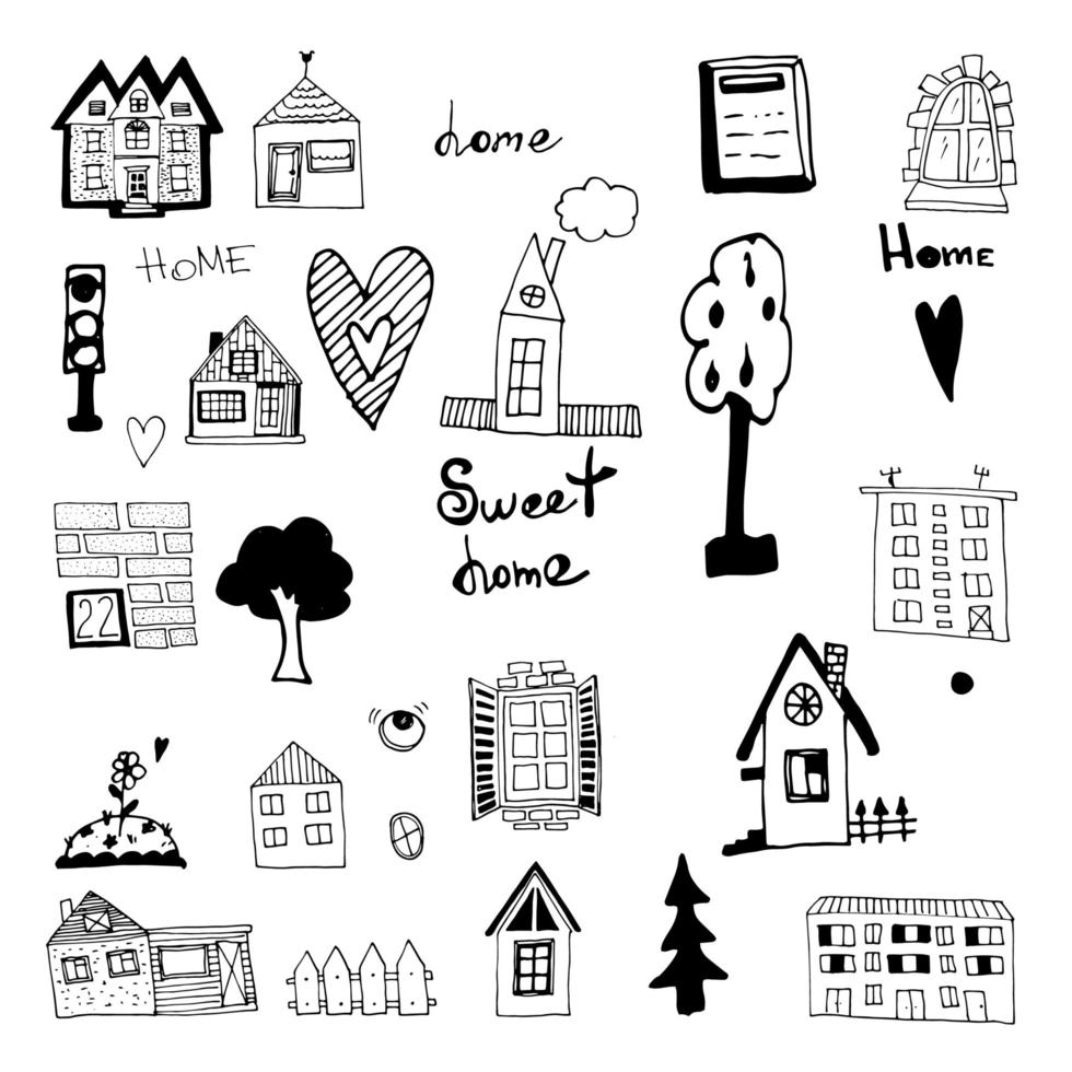 um conjunto de doodles vetoriais casas e plantas da cidade vetor