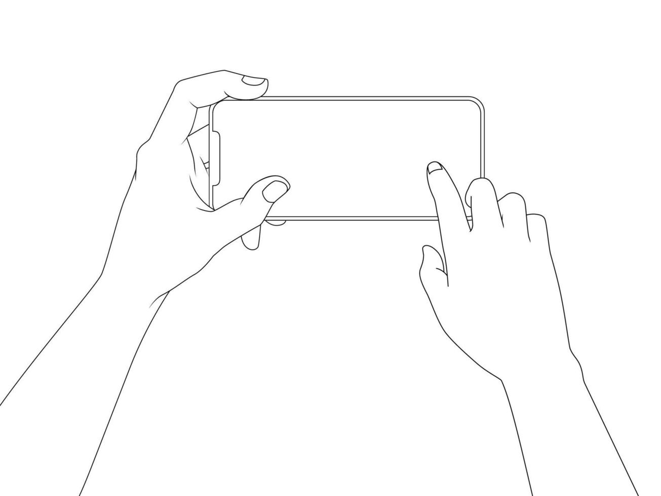 mão segurando o telefone horizontal e gesto de toque simulado contorno vetor