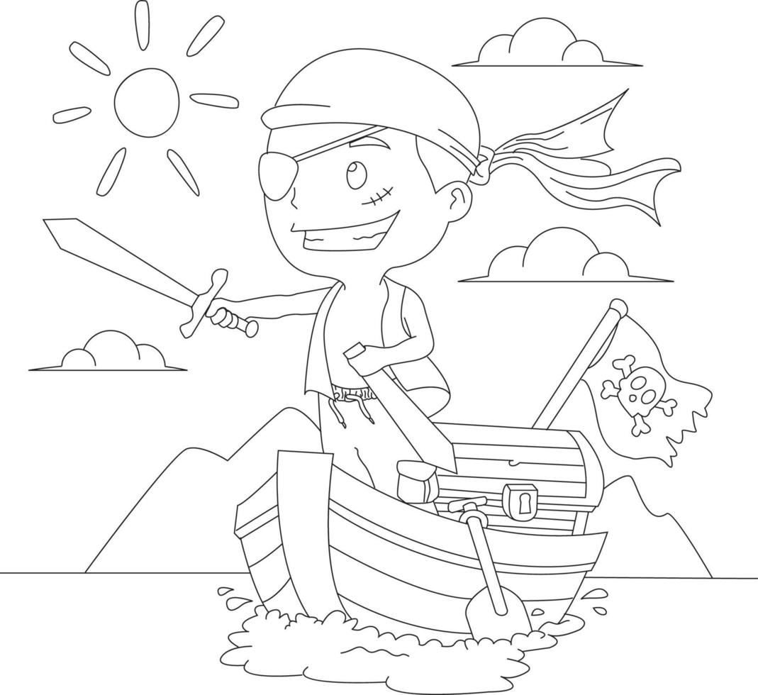 ilustração para colorir infantil com criança pirata e barco vetor