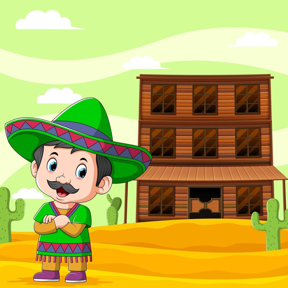 menino mexicano em pé perto da barra de madeira vetor