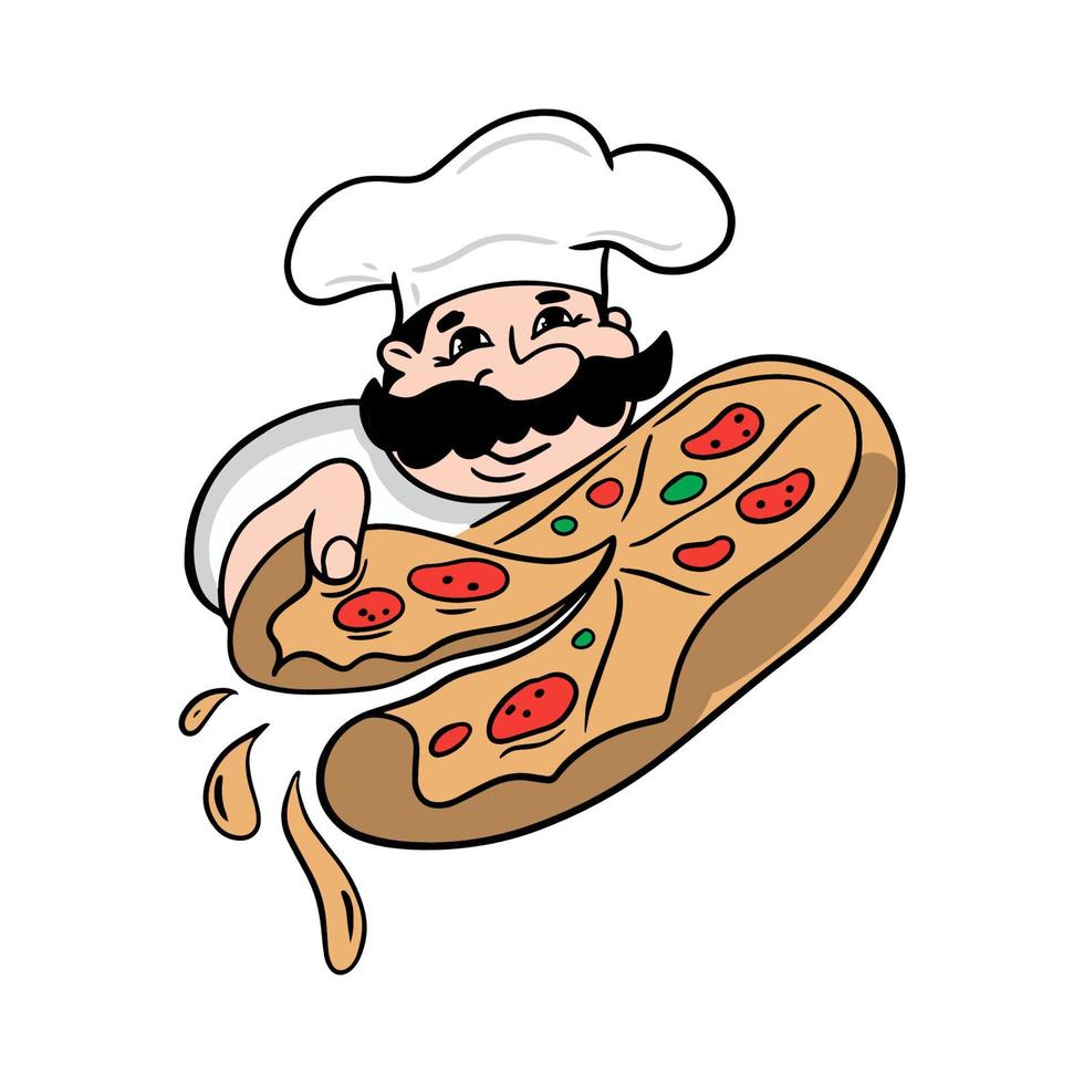 chef italiano com uma pizza. ilustração vetorial de pizzaiolo. vetor