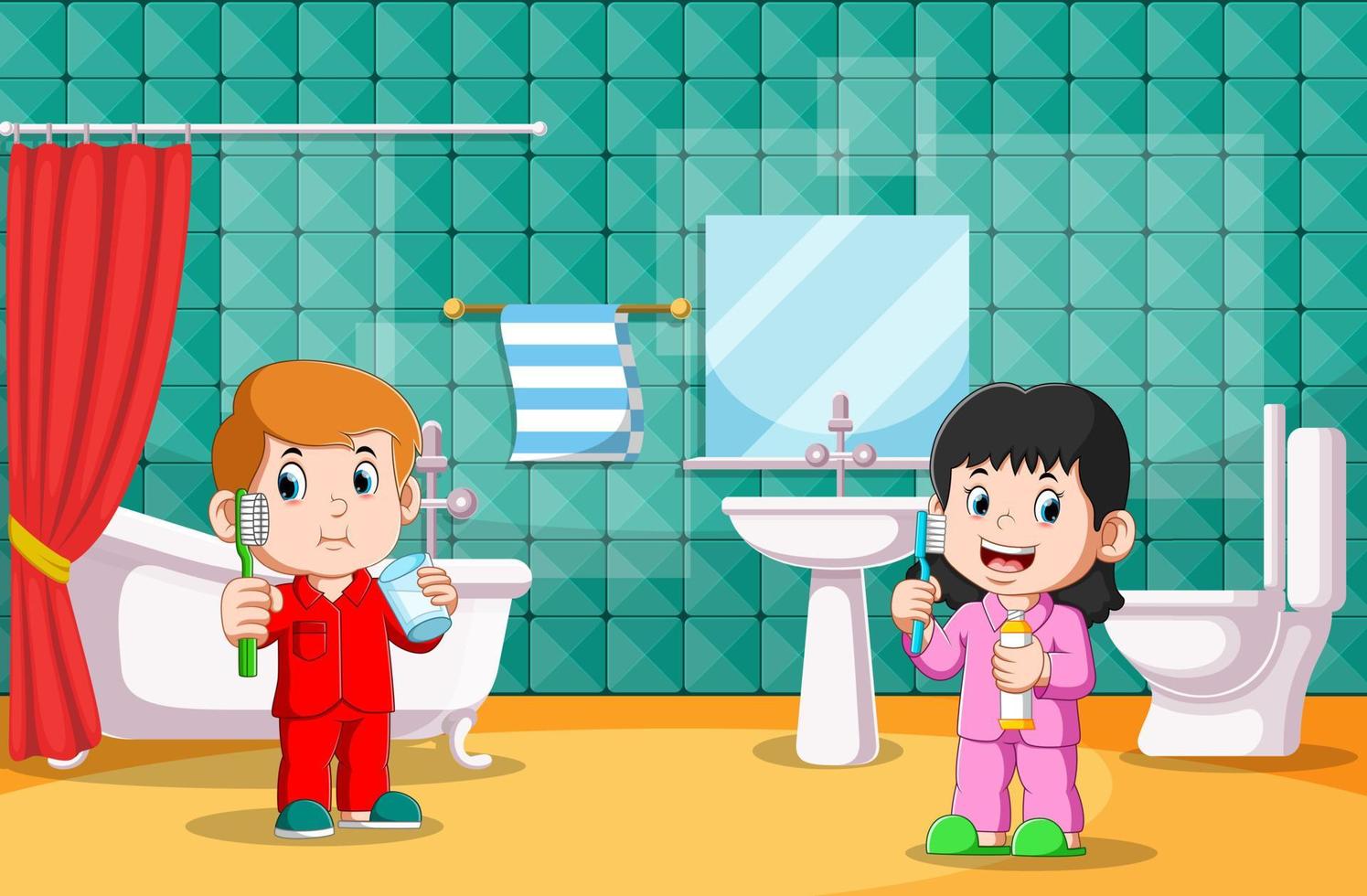 o menino e a menina estão escovando os dentes vetor