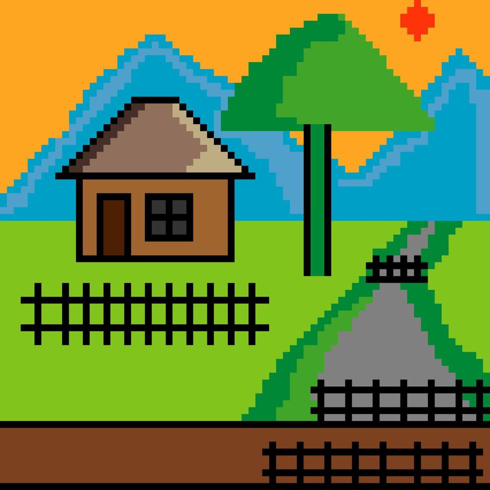 fundo de pixel art com casa, montanha, árvores, chão, rio de arbustos, ponte e céu vetor