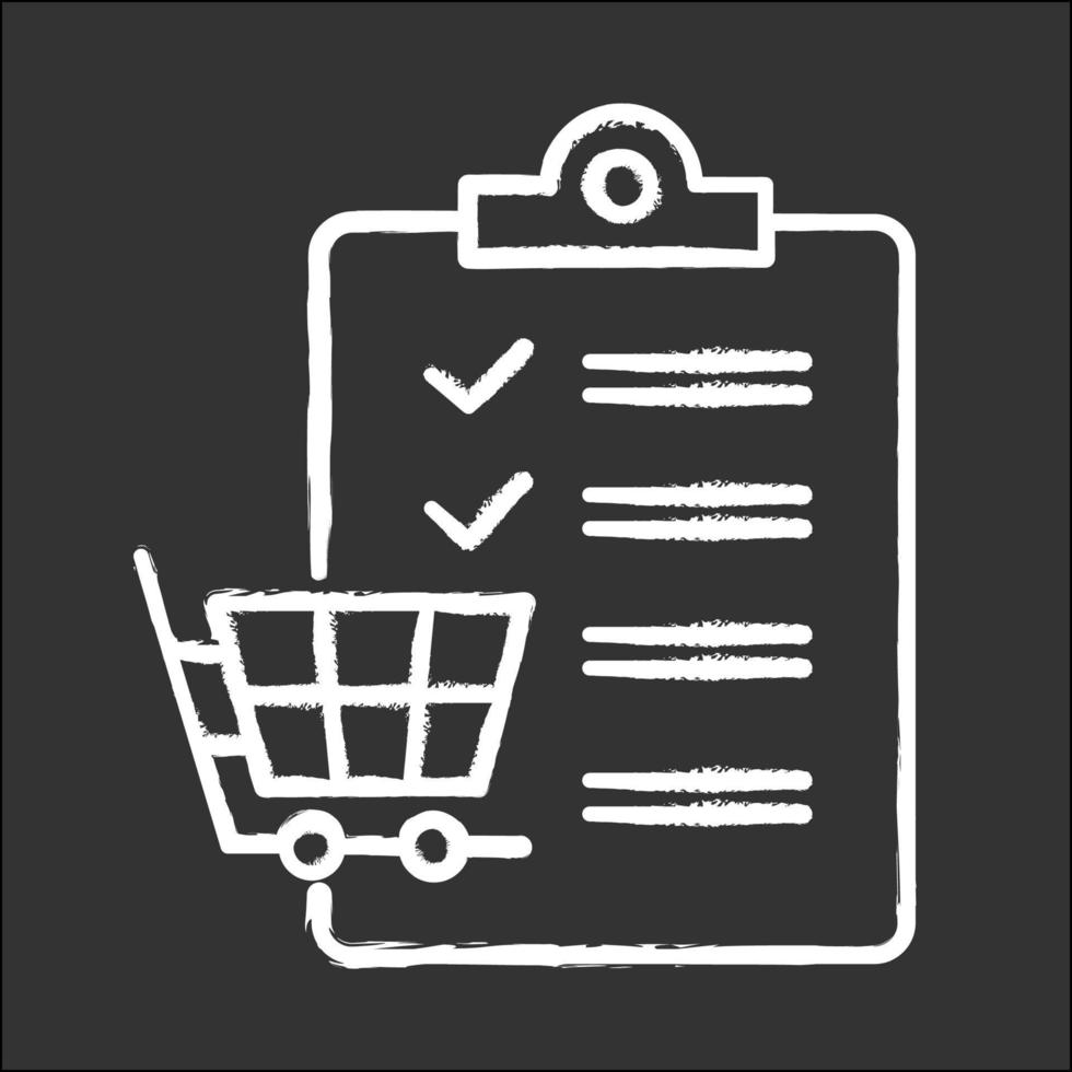 ícone de giz de lista de compras. planejamento de compras na loja. adicionar produtos ao carrinho. mercadoria e consumismo. escrita da lista de verificação. comércio, marketing digital. ilustração de quadro-negro vetorial isolado vetor