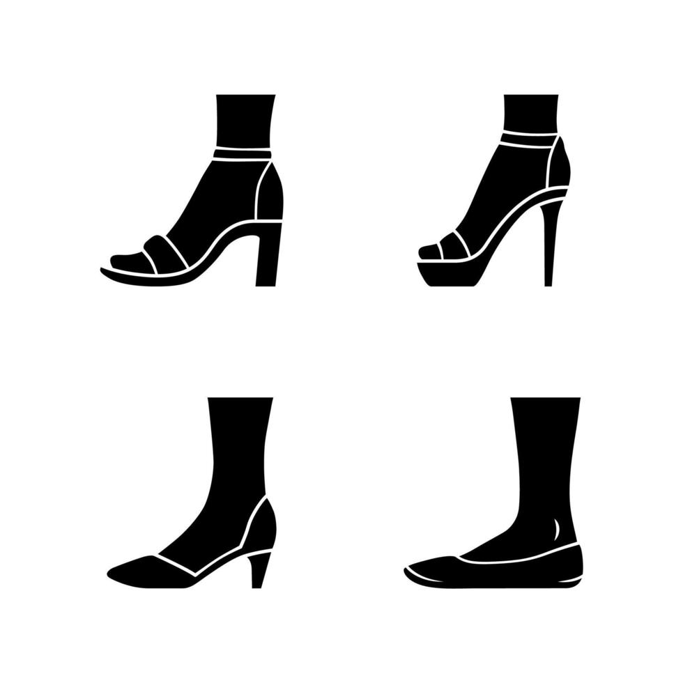 conjunto de ícones de glifo de sapatos formais femininos. calçado de salto alto elegante feminino. scarpins clássicos, bailarinas, sandálias de tiras no tornozelo. estiletes da moda. símbolos de silhueta. ilustração vetorial isolada vetor