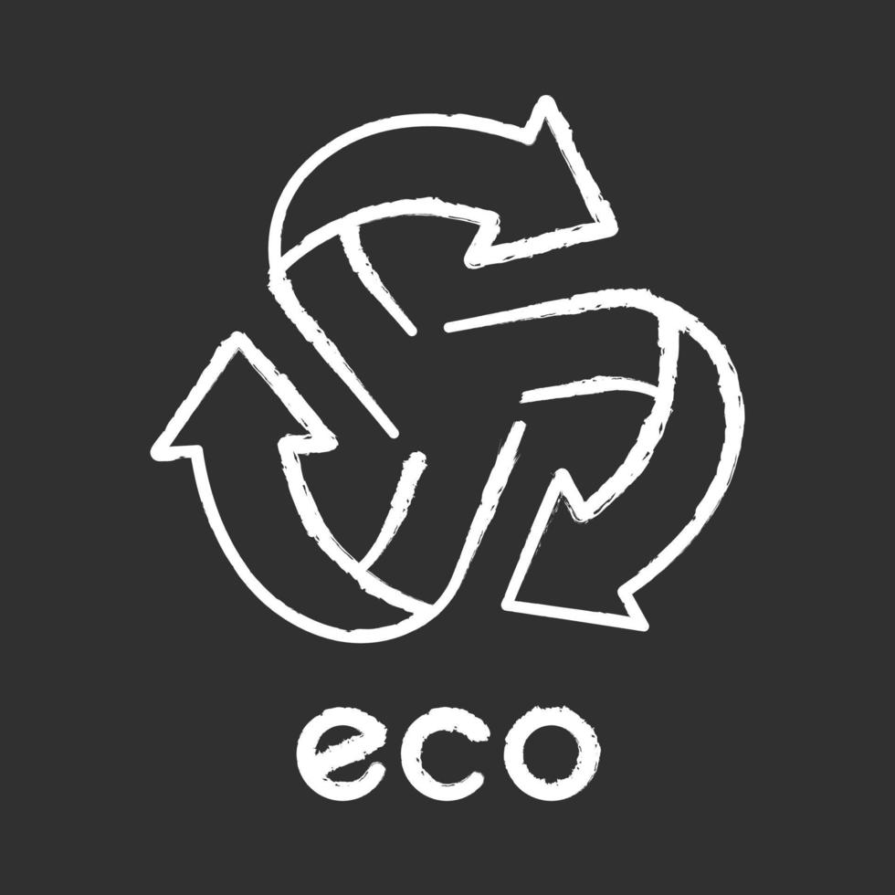 ícone de giz de rótulo ecológico. três setas arredondadas saindo do sinal central. símbolo de reciclagem. adesivo de proteção ambiental. produtos químicos ecologicamente corretos. cosméticos orgânicos. ilustração de quadro-negro isolado vetor