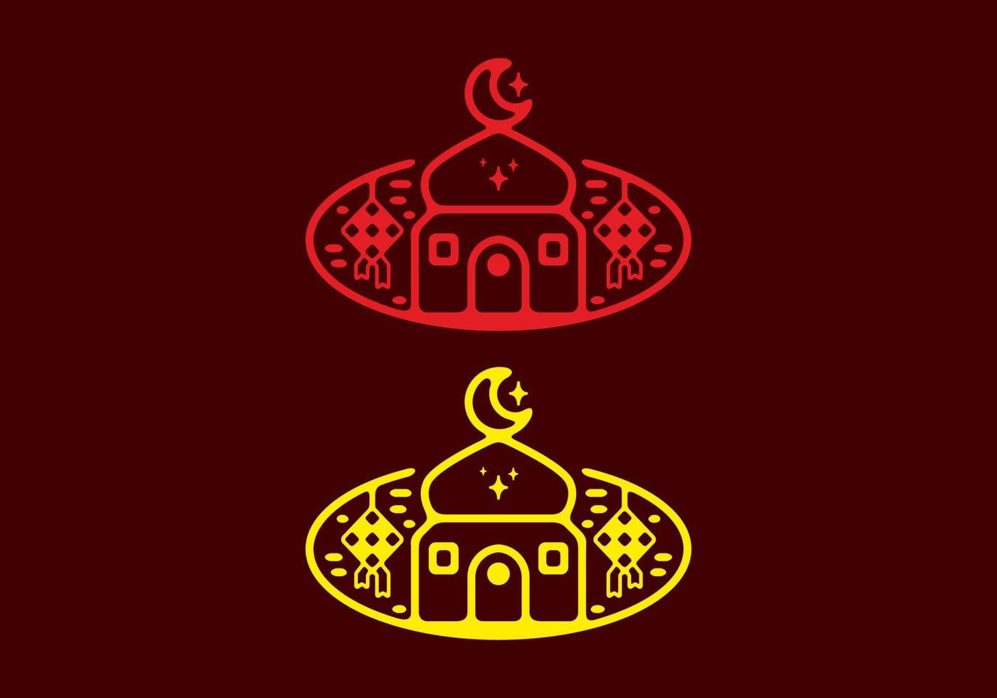 vermelho e amarelo em fundo escuro da mesquita e ilustração plana de ketupat vetor