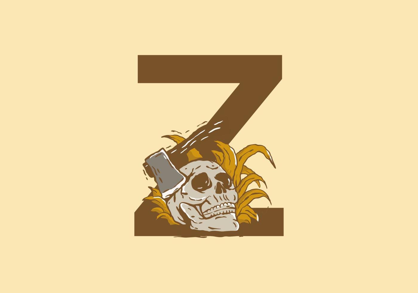 cabeça de esqueleto e desenho de ilustração de machado com letra inicial z vetor