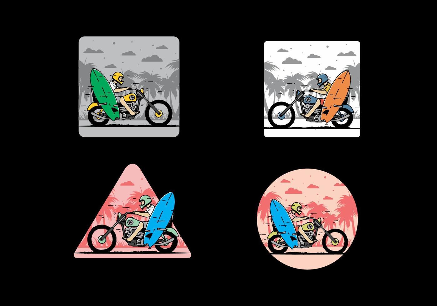 andar de moto com ilustração de prancha de surf vetor