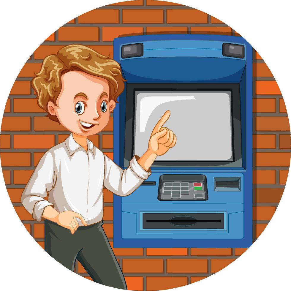 um homem segurando dinheiro na frente do caixa eletrônico vetor