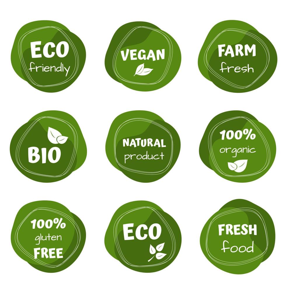 eco, bio, modelo de adesivos de comida vegana, logotipo com folhas para produtos orgânicos e ecológicos. adesivos ecológicos para embalagem de rotulagem, alimentos, cosméticos. estilo desenhado à mão. vetor