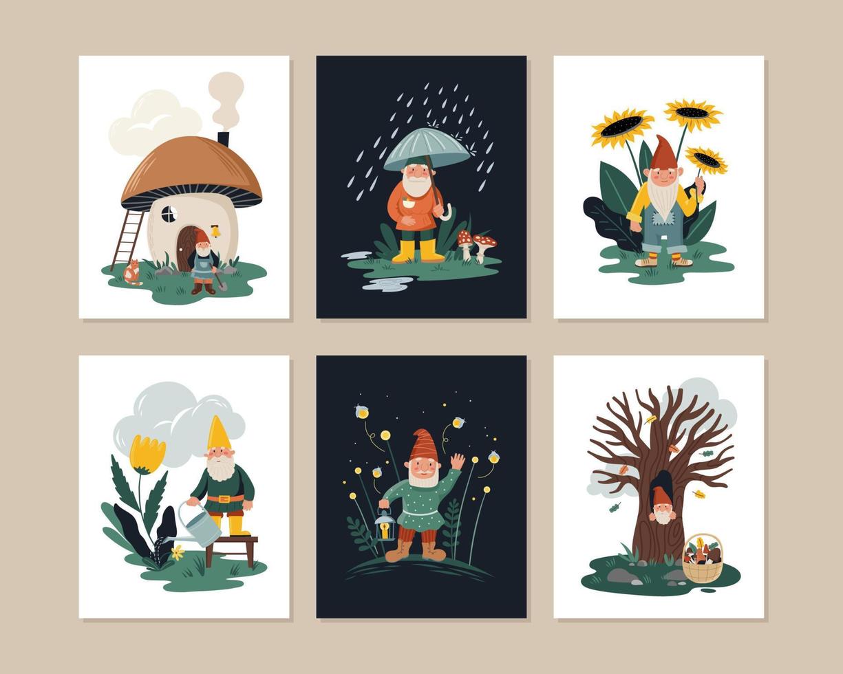 conjunto de cartazes fofos com diferentes gnomos de jardim ou anões. ilustrações infantis vetor