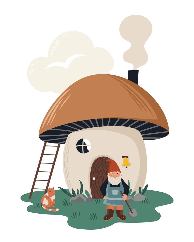 pequeno gnomo ou anão com uma pá e um gato perto da casa dos cogumelos. ilustrações infantis fofas vetor