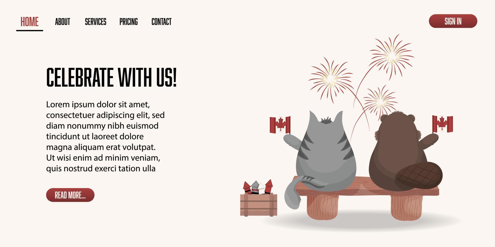 design de página da web para celebração do dia do canadá com gato e castor assistindo fogos de artifício, desenho animado vetor