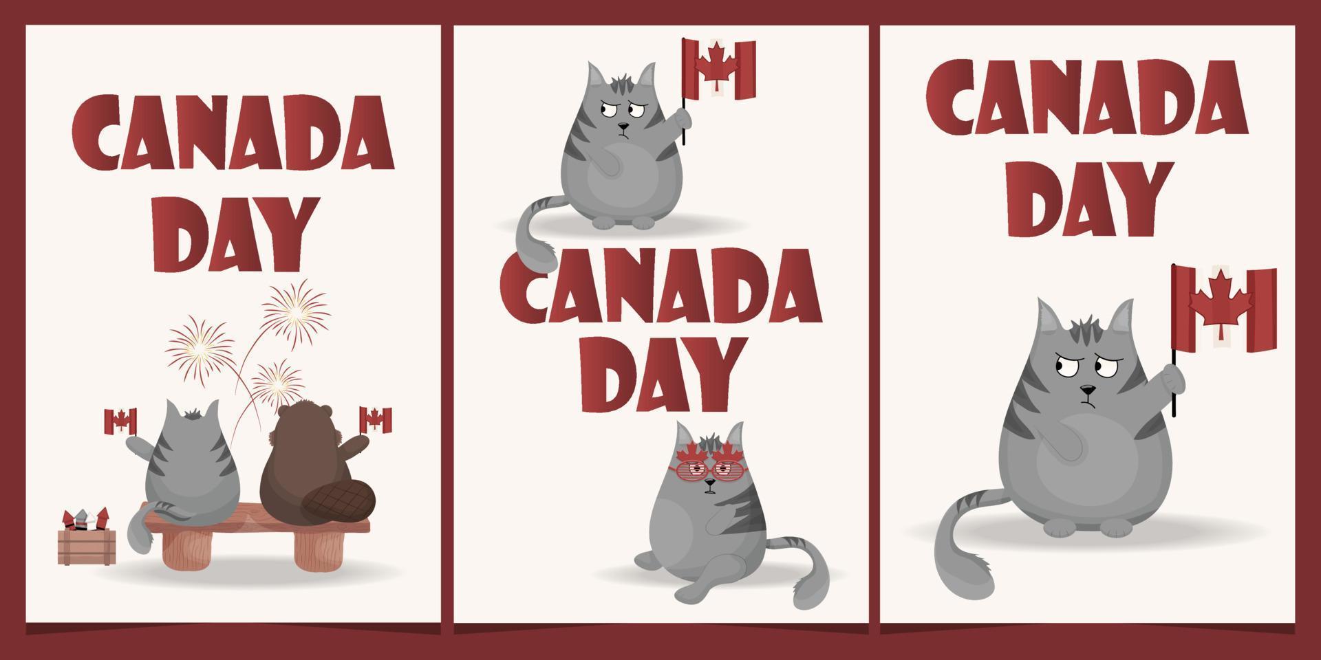 3 cartões de dia do Canadá com gato cinza e castor, vetor, desenho animado vetor