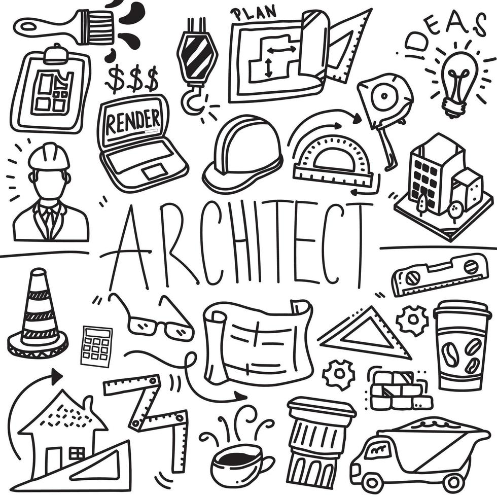 esboço de ícone de linha de profissão de arquiteto doodle, ícone de doodle de construção, arte vetorial feita à mão, conceito de negócio de material de arquiteto vetor