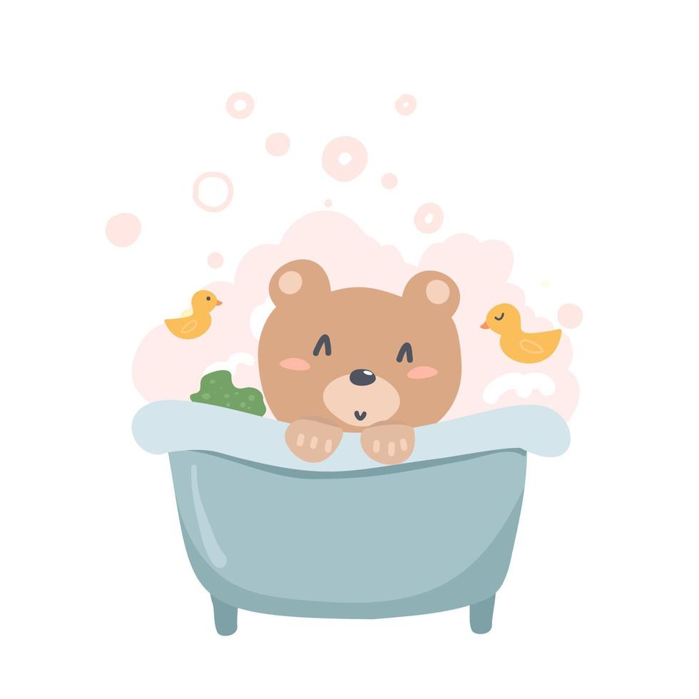 um urso fofo toma banho no banho. ilustração para livro infantil, revista, cartão postal, pôster. ilustração de personagem infantil. vetor