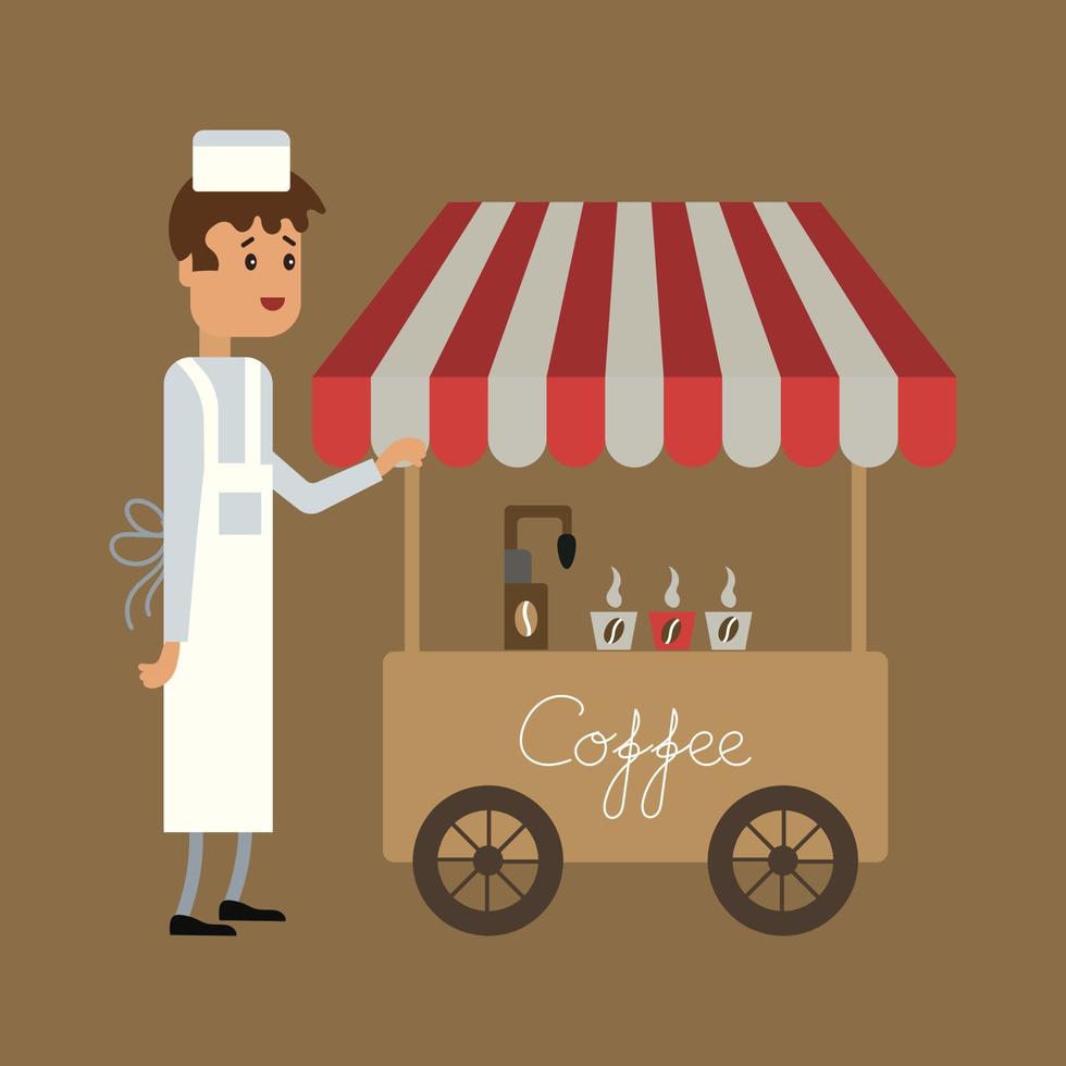ilustração, um vendedor de café de rua de avental e um carrinho de loja com café. ilustração dos desenhos animados, clip-art, vetor