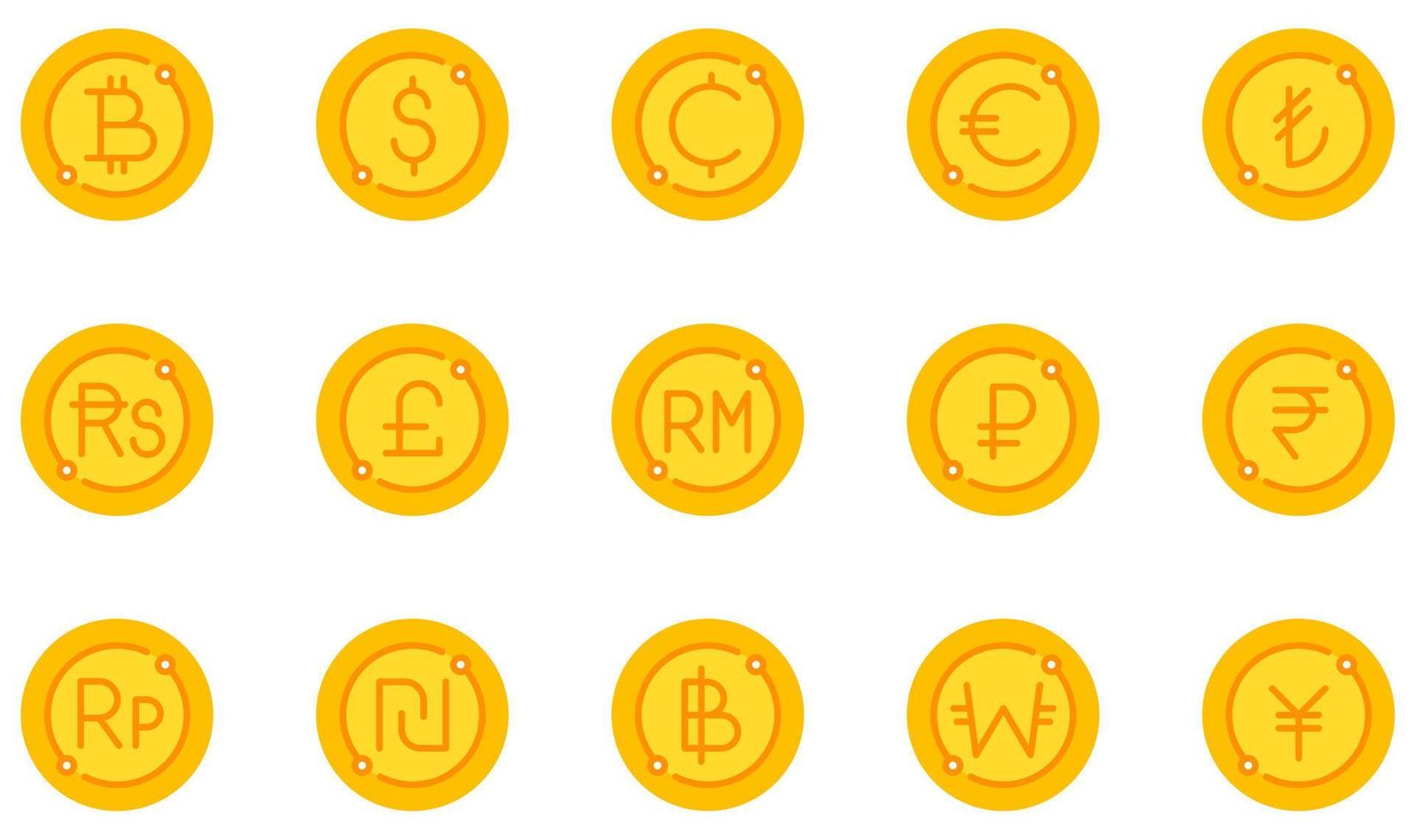 conjunto de ícones vetoriais relacionados à moeda. contém ícones como bitcoin, dólar, centavos, euro, libra, baht e muito mais. vetor