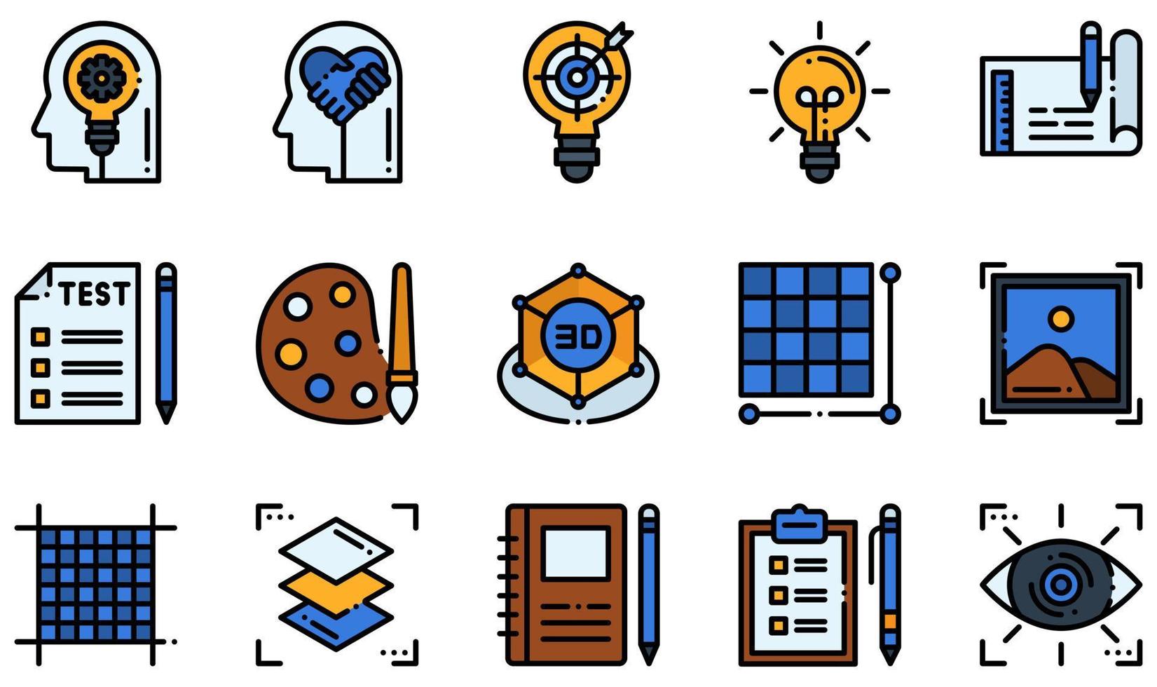 conjunto de ícones vetoriais relacionados ao design thinking. contém ícones como pensamento criativo, empatia, protótipo, design 3D, pixels, caderno de desenho e muito mais. vetor
