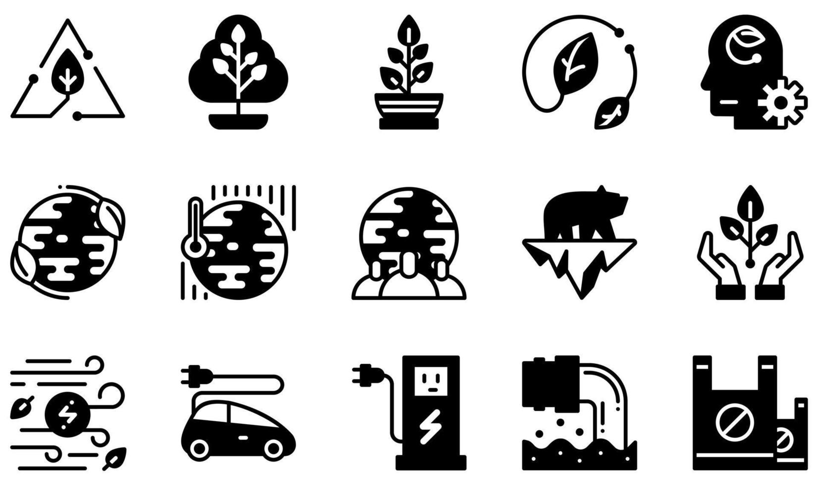 conjunto de ícones vetoriais relacionados à ecologia. contém ícones como reciclar, árvore, planta, folha, mente ecológica, ecologia mundial e muito mais. vetor