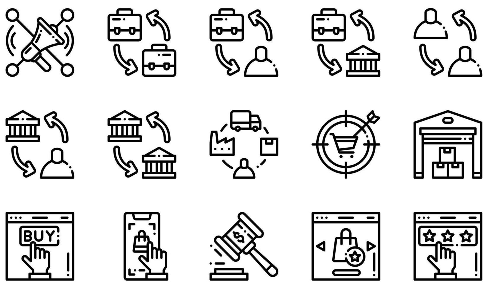conjunto de ícones vetoriais relacionados ao comércio eletrônico. contém ícones como socialmarketing, b2b, b2c, cadeia de suprimentos, armazém, qualidade e muito mais. vetor