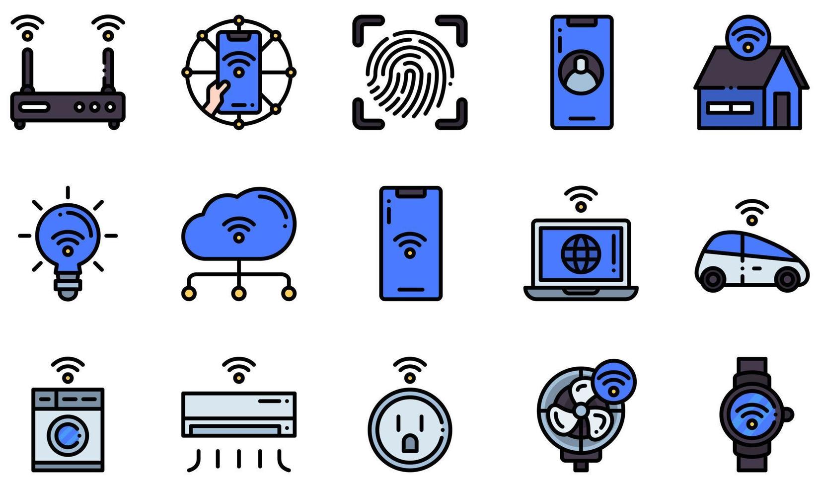 conjunto de ícones vetoriais relacionados à internet das coisas. contém ícones como internet das coisas, casa inteligente, luz inteligente, smartphone, carro inteligente, smartwatch e muito mais. vetor