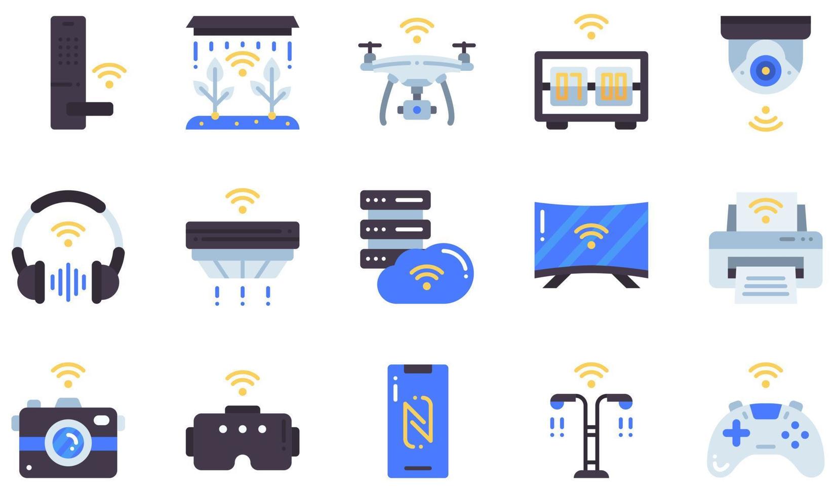 conjunto de ícones vetoriais relacionados à internet das coisas. contém ícones como fazenda inteligente, drone, câmera de segurança, detector de fumaça, servidor de computador, iluminação pública e muito mais. vetor