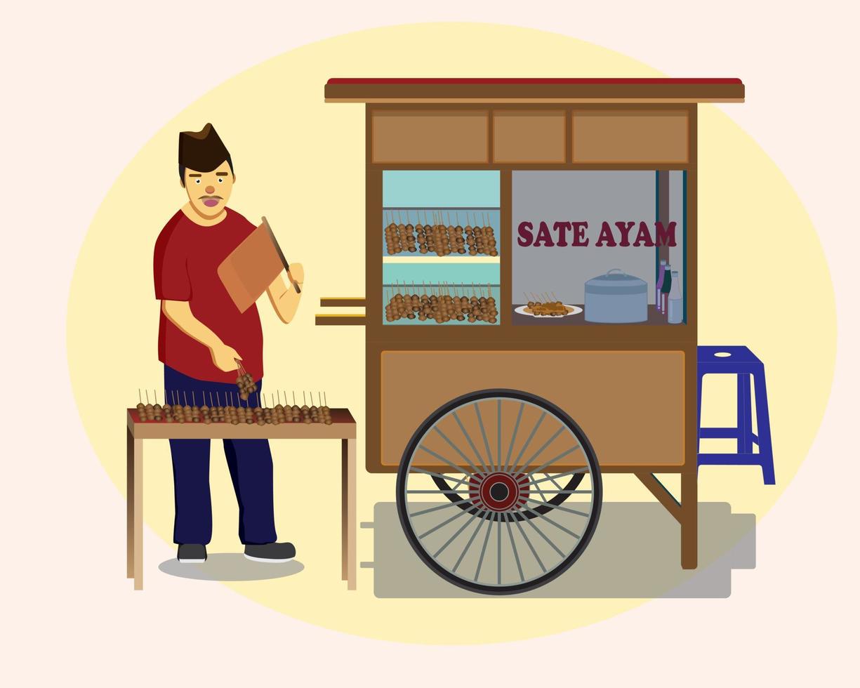 uma barraca de comida de rua tradicional da Indonésia chamada frango satay vetor