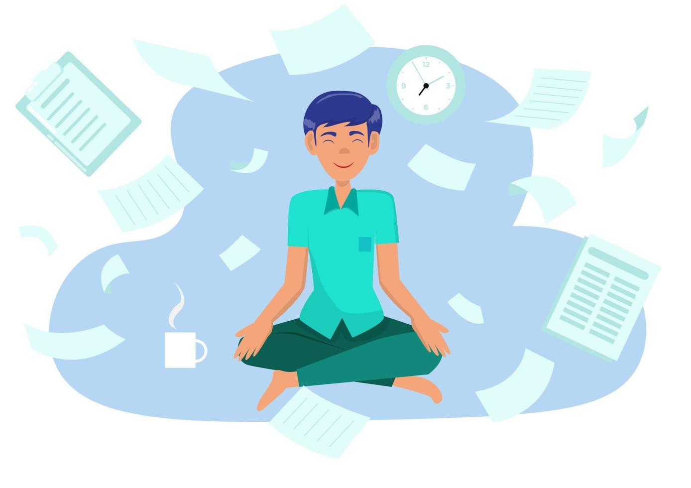 ícone plano vetorial do homem fazendo ioga no escritório calma e relaxa durante o dia de trabalho homem de negócios meditando vetor