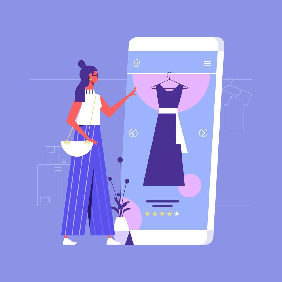 compras on-line móveis, mulher compra vestidos em lojas on-line, compras em redes sociais por telefone, compras on-line e conceito de serviço de entrega vetor