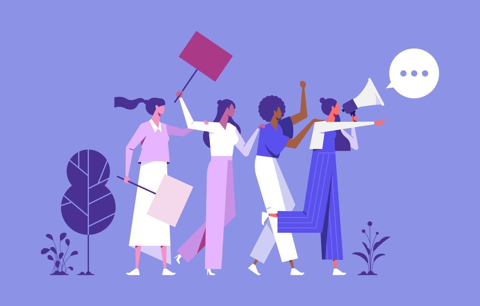 ilustração de mulheres andando com alto-falante e lutando por seus direitos, igualdade, contra violência, discriminação no local de trabalho, pessoas segurando cartazes ou faixas vetor
