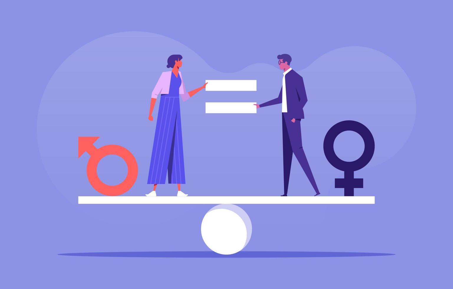 conceito de igualdade de gênero. masculino e feminino com símbolo na balança sentindo discriminação igual vetor