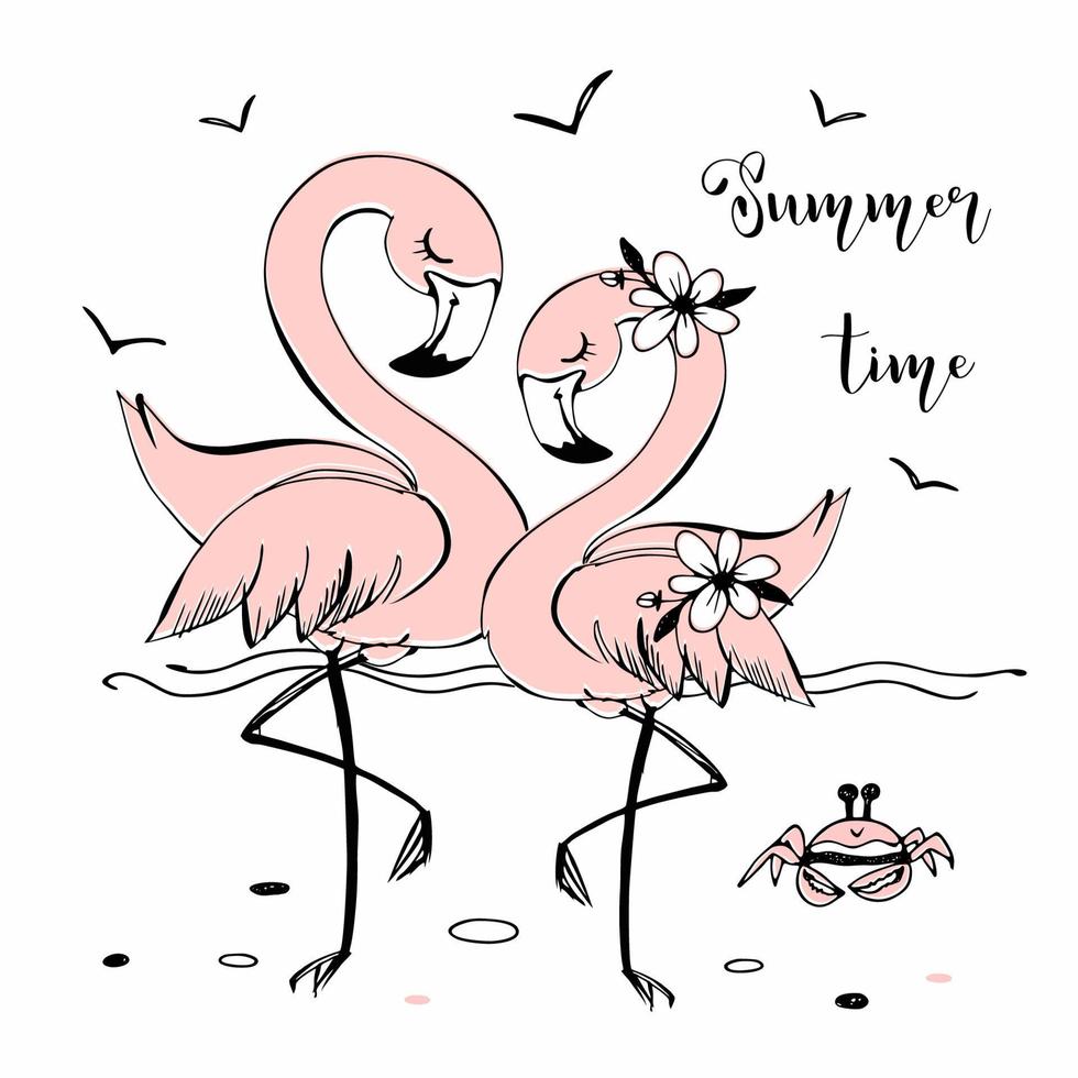 flamingos cor de rosa fofos na praia do mar. horário de verão. vetor. vetor