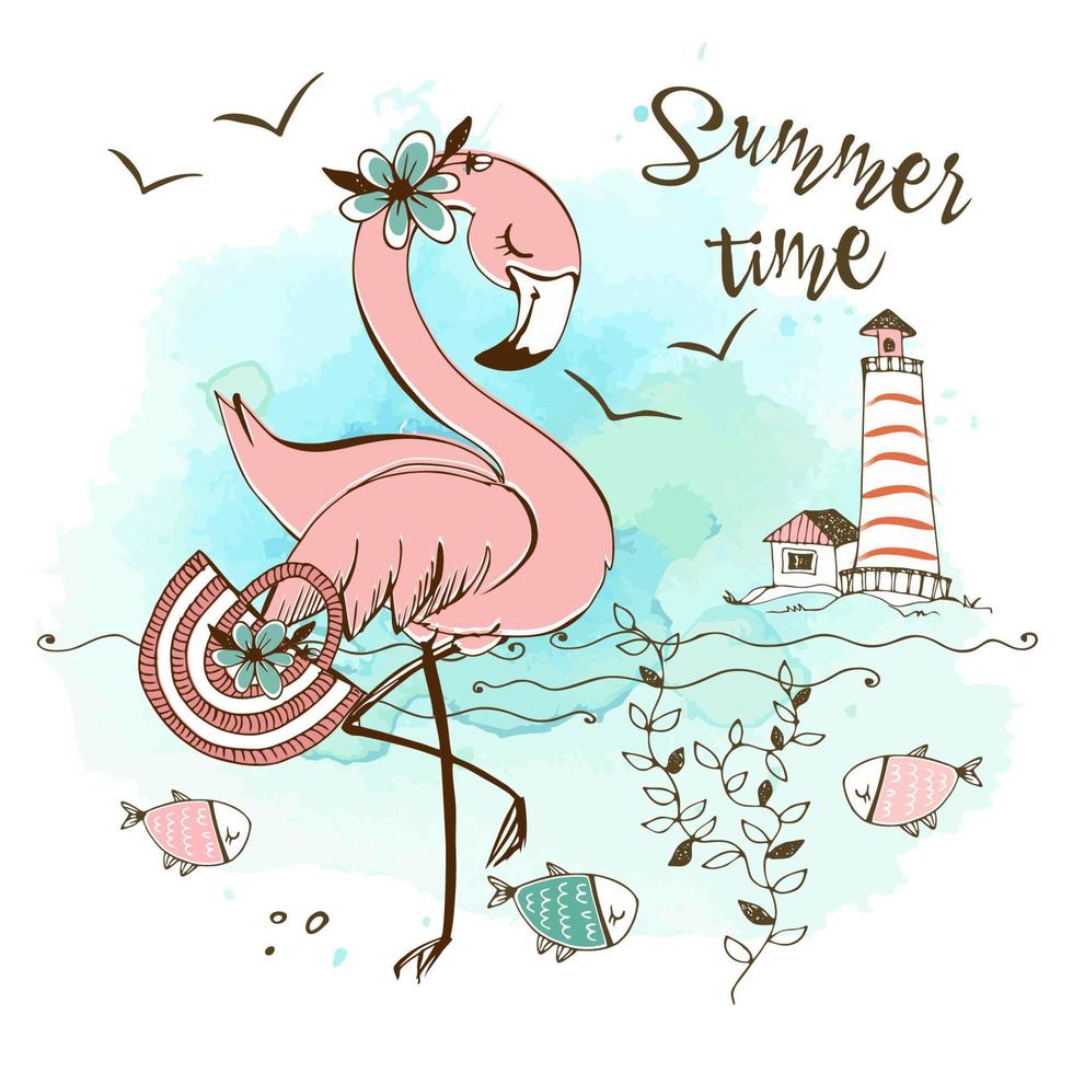 elegante flamingo rosa bonito com um saco na praia do mar. horário de verão. vetor. vetor