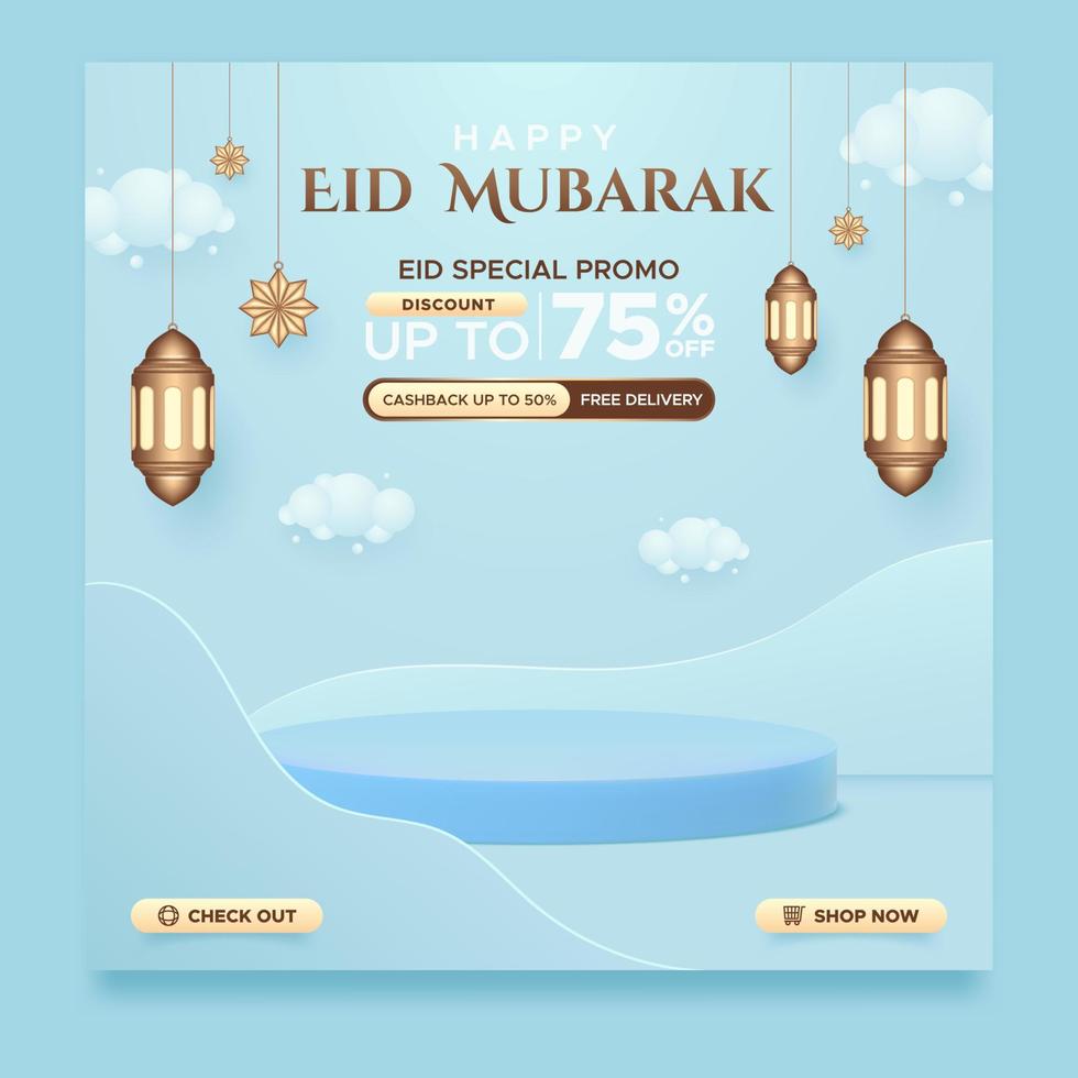 modelo de banner quadrado promocional de venda eid mubarak, lindo fundo azul com ornamentais árabes e pódio vetor