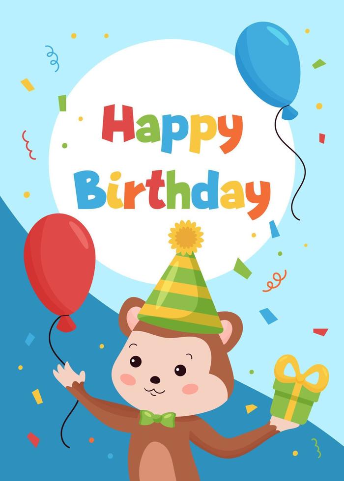 modelo de cartões de feliz aniversário para cartões postais e convites. animais da selva. macaco engraçado dos desenhos animados com balões e presentes. ilustração vetorial. vetor
