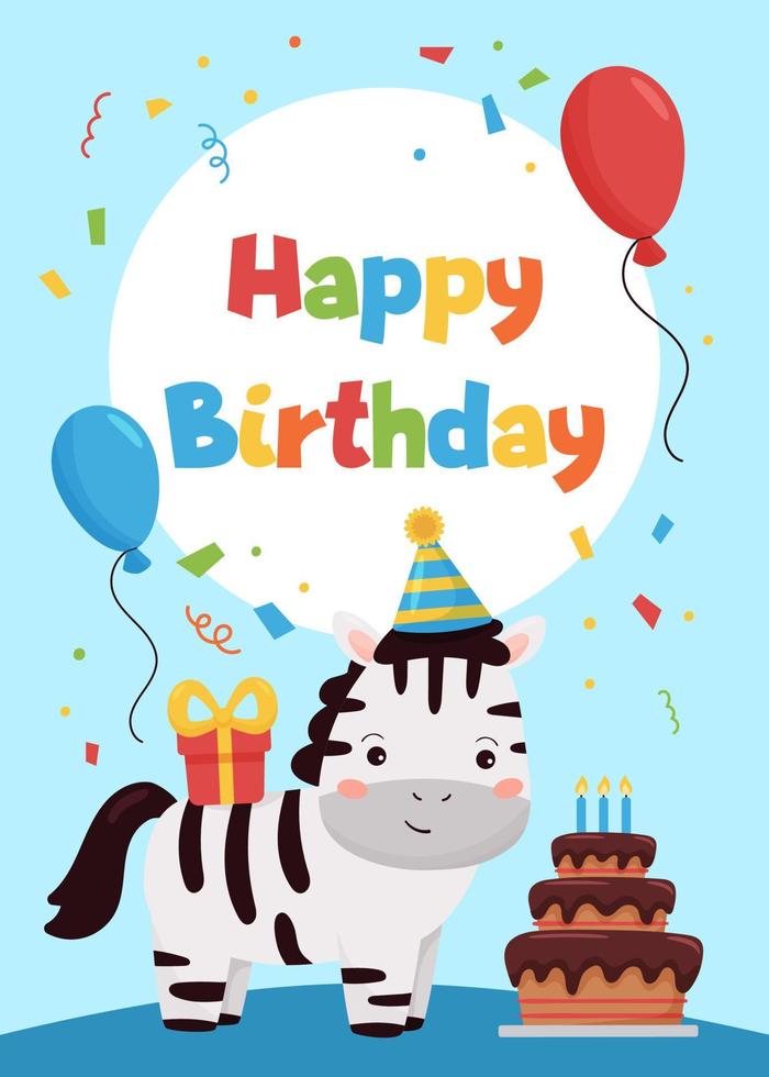 cartão de feliz aniversário com zebra bonito dos desenhos animados, bolo, balões e presente. modelo de cartões para convites e cartões postais. ilustração vetorial. vetor