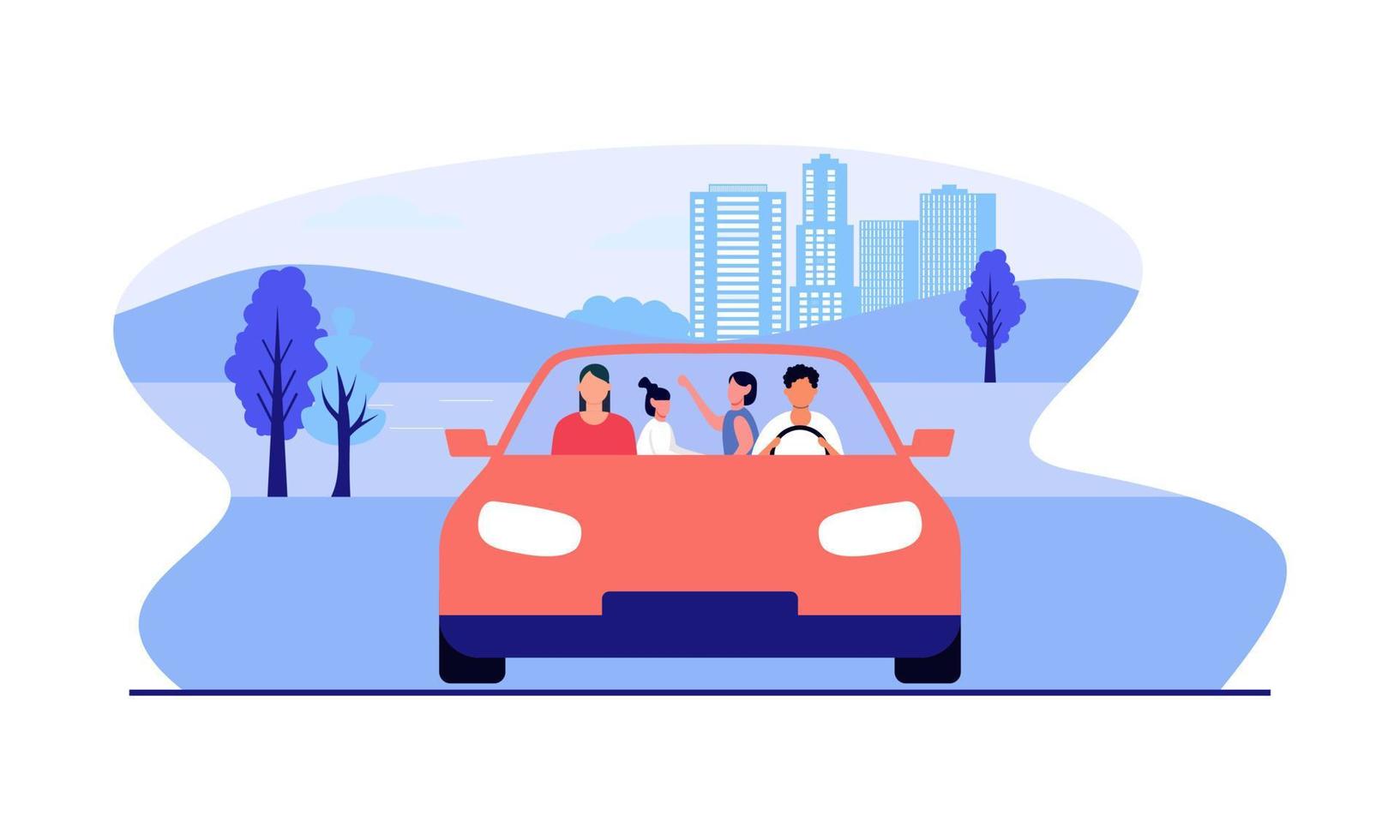 família feliz viajando pela ilustração de carro. viagens, viagem, conceito de transporte vetor