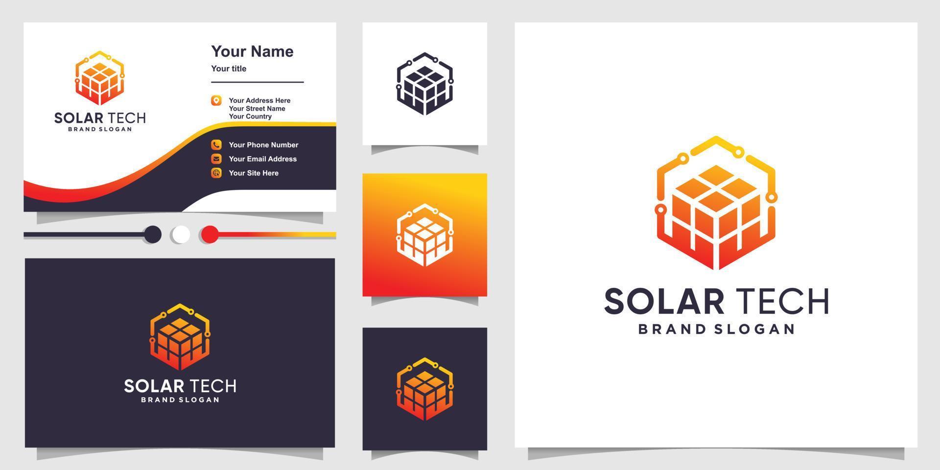 logotipo de tecnologia solar com conceito de cubo criativo e vetor premium de design de cartão de visita