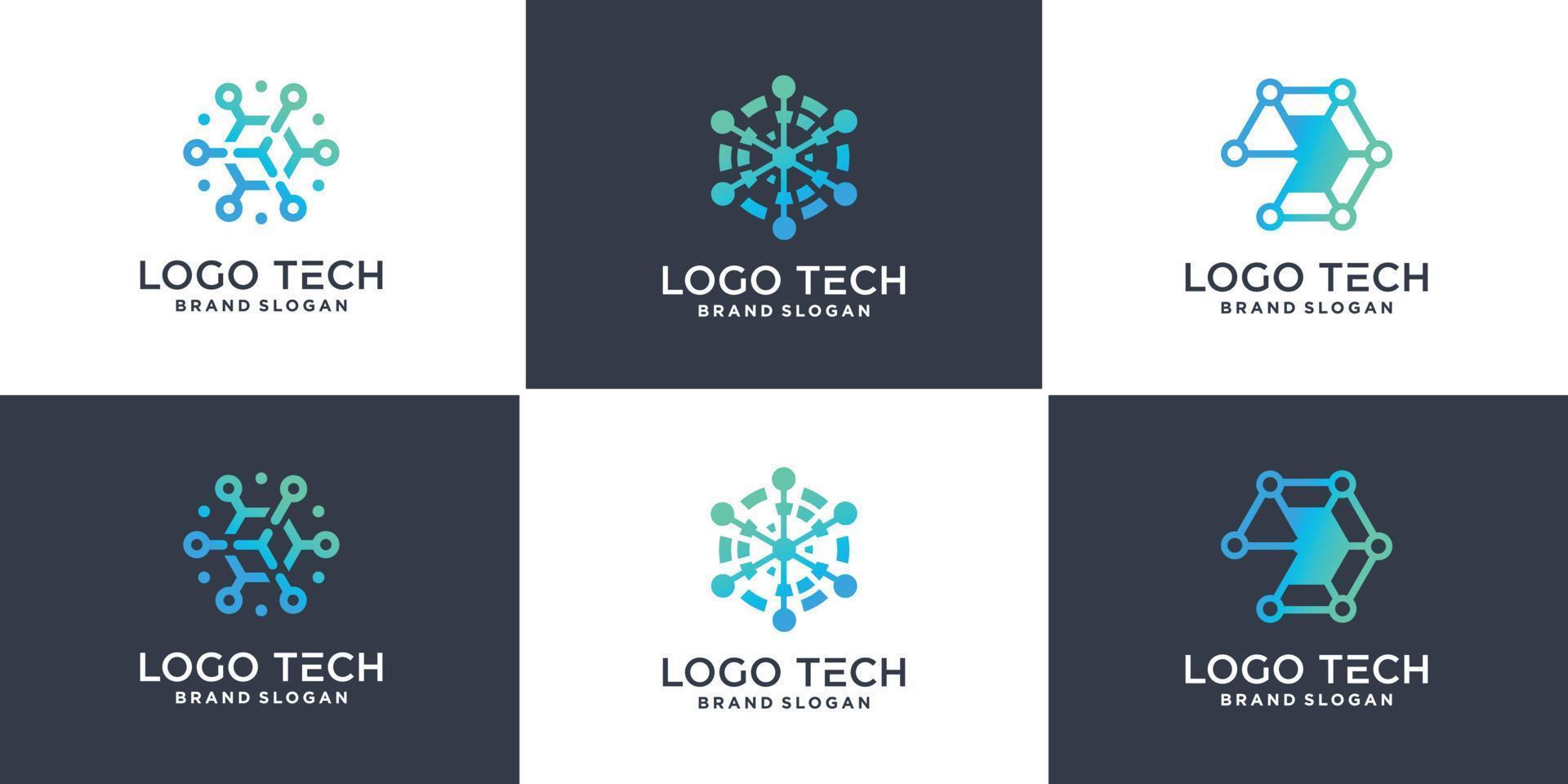 conjunto de logotipo de tecnologia hexágono com vetor premium de estilo de linha geométrica