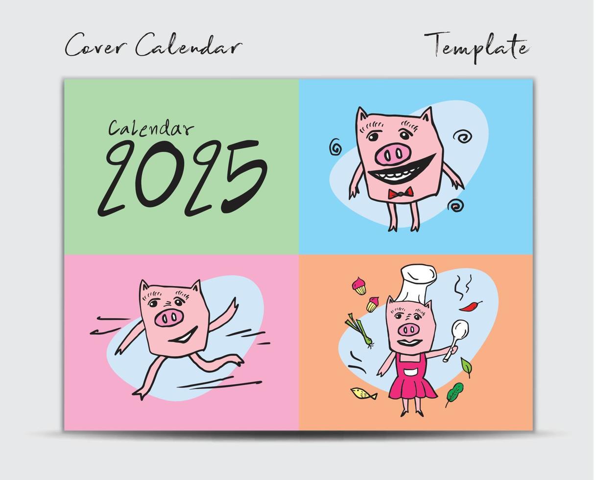 modelo de design de calendário de capa 2025 com vetor de porco fofo, calendário de mesa mínimo 2025 ano, letras, modelo de capa de brochura, diário, cartão postal, cartão-presente, personagem de desenho animado de porco, evento de férias