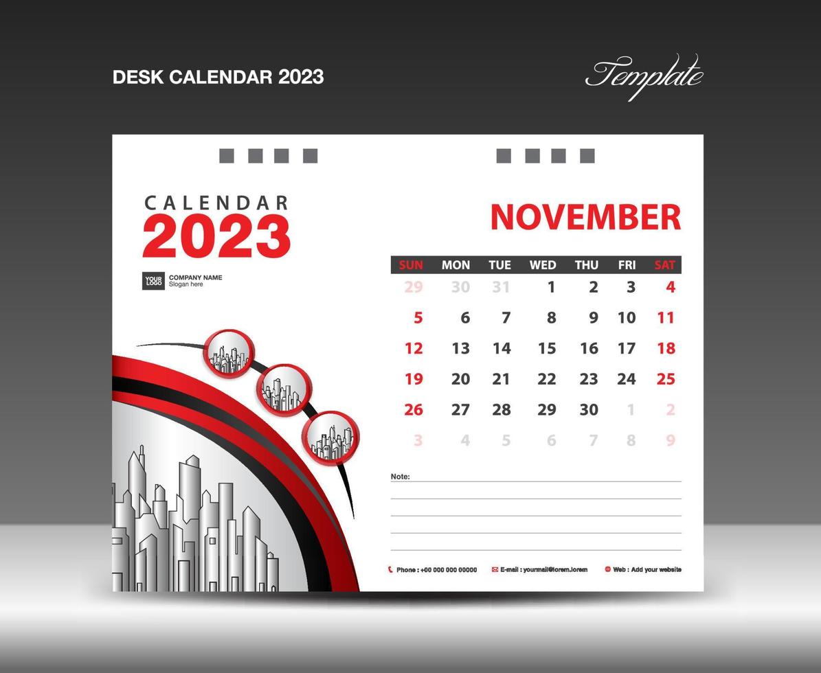 modelo de novembro de 2023, vetor de design do calendário 2023, layout do planejador, semana começa domingo, modelo de calendário de mesa 2023, artigos de papelaria. calendário de parede em fundo vermelho, vetor eps 10
