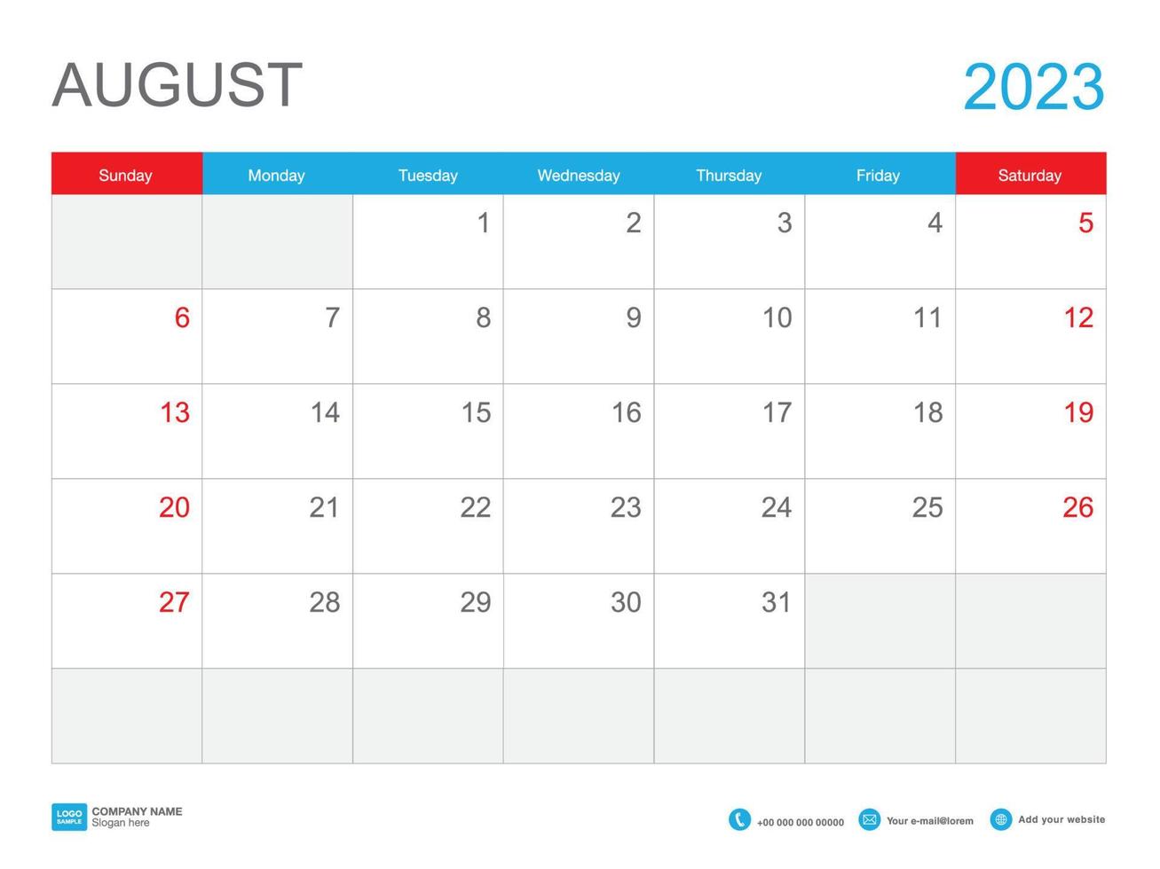 agosto de 2023 modelo-calendário 2023 design, modelo de calendário de mesa 2023, planejador simples, semana começa domingo, artigos de papelaria, calendário de parede, impressão, anúncio, ilustração vetorial vetor