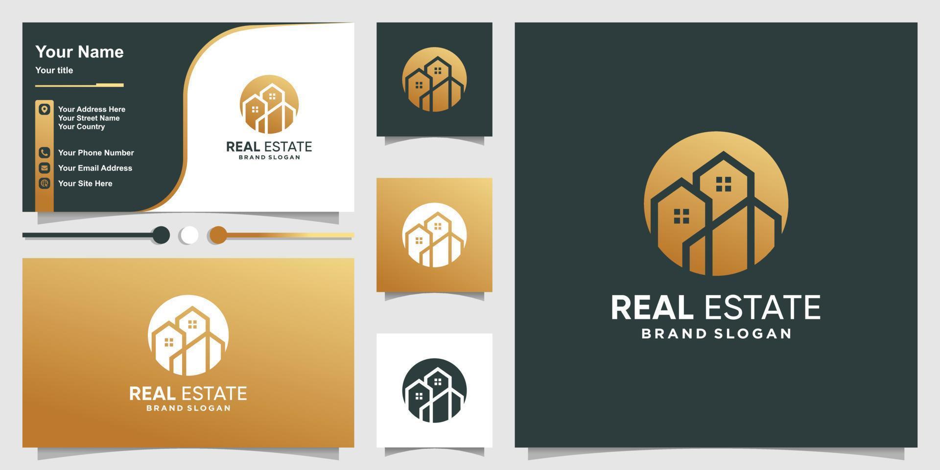 logotipo imobiliário com vetor premium de estilo de arte de linha abstrata dourada