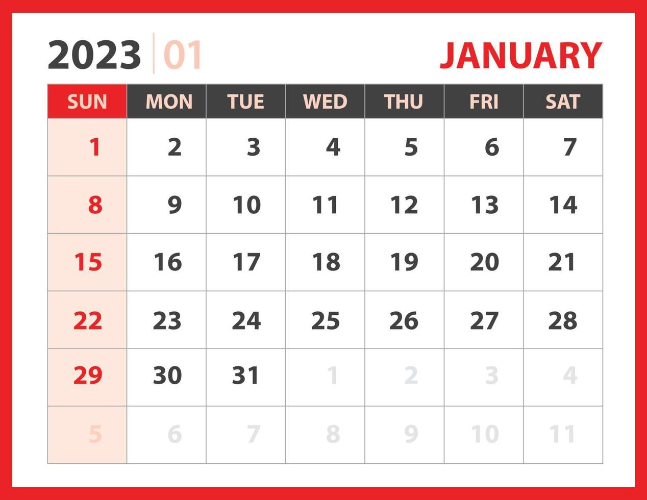 modelo de janeiro de 2023, vetor de design do calendário 2023, layout do planejador, semana começa domingo, modelo de calendário de mesa 2023, artigos de papelaria. calendário de parede em fundo vermelho, vetor eps 10