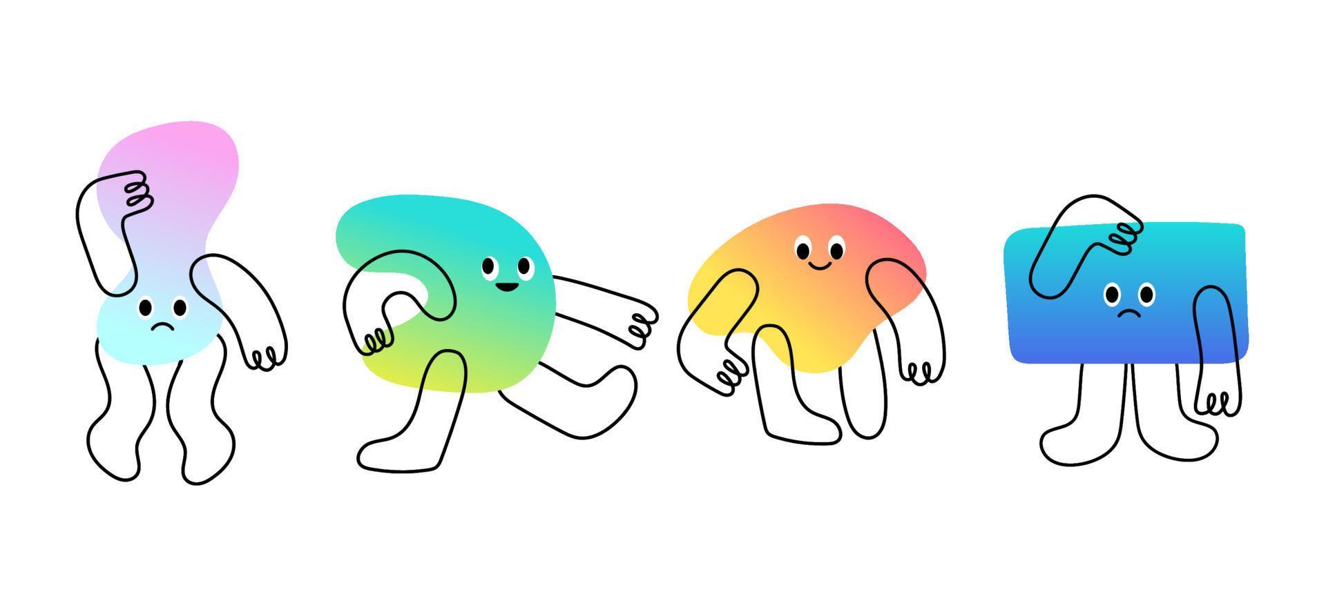 pacote de vários personagens brilhantes no estilo de doodle com gradiente. conjunto colorido de criaturas abstratas isoladas com braços e pernas. ilustrações para crianças. design plano de vetor