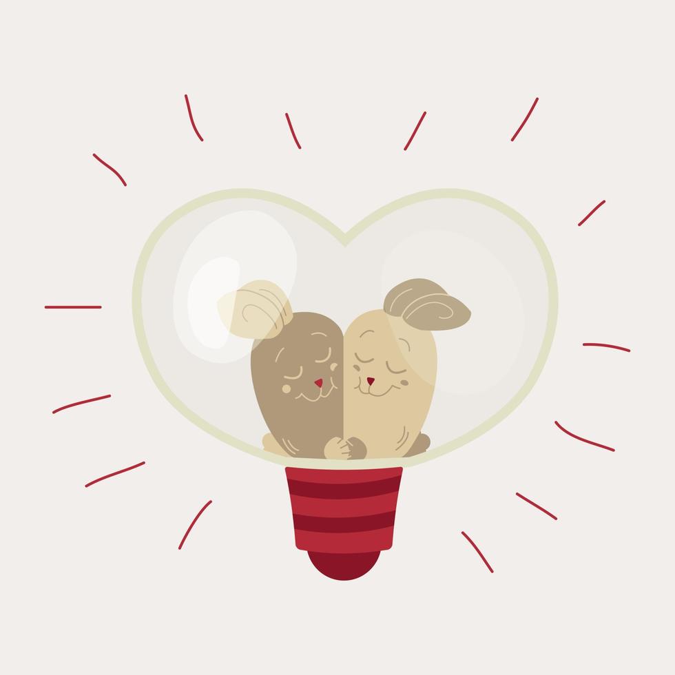 dois coelhinhos fofos felizes abraçando em uma lâmpada em forma de coração vetor