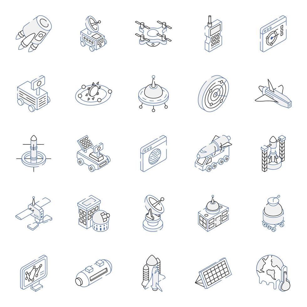 coleção de ícones isométricos de contorno de astronomia vetor